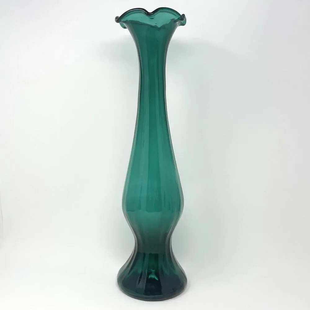 Empoli Fiorentina Glass Vintage MCM Green Turquoise Swung Floor Vase 19” Italian